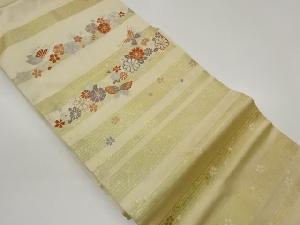 引箔花々に蝶・横縞模様織出し名古屋帯